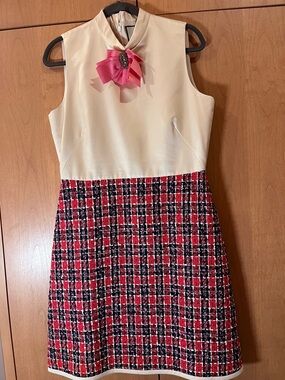 Gucci Cream Sleeveless Top with Red and Black Plaid Tweed Dress and Pink Bow